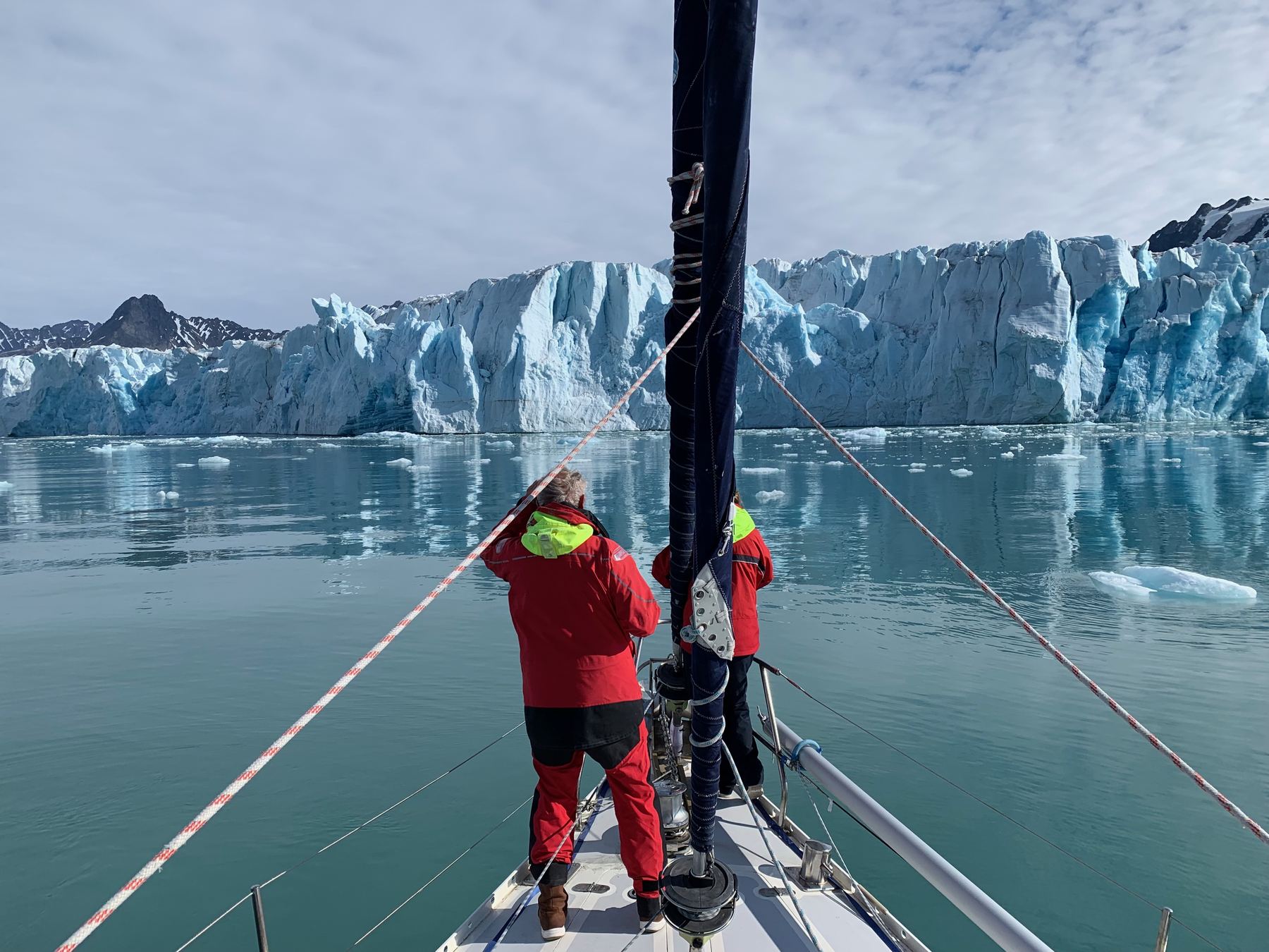 Crew on watch approaching a glacier at high latitude